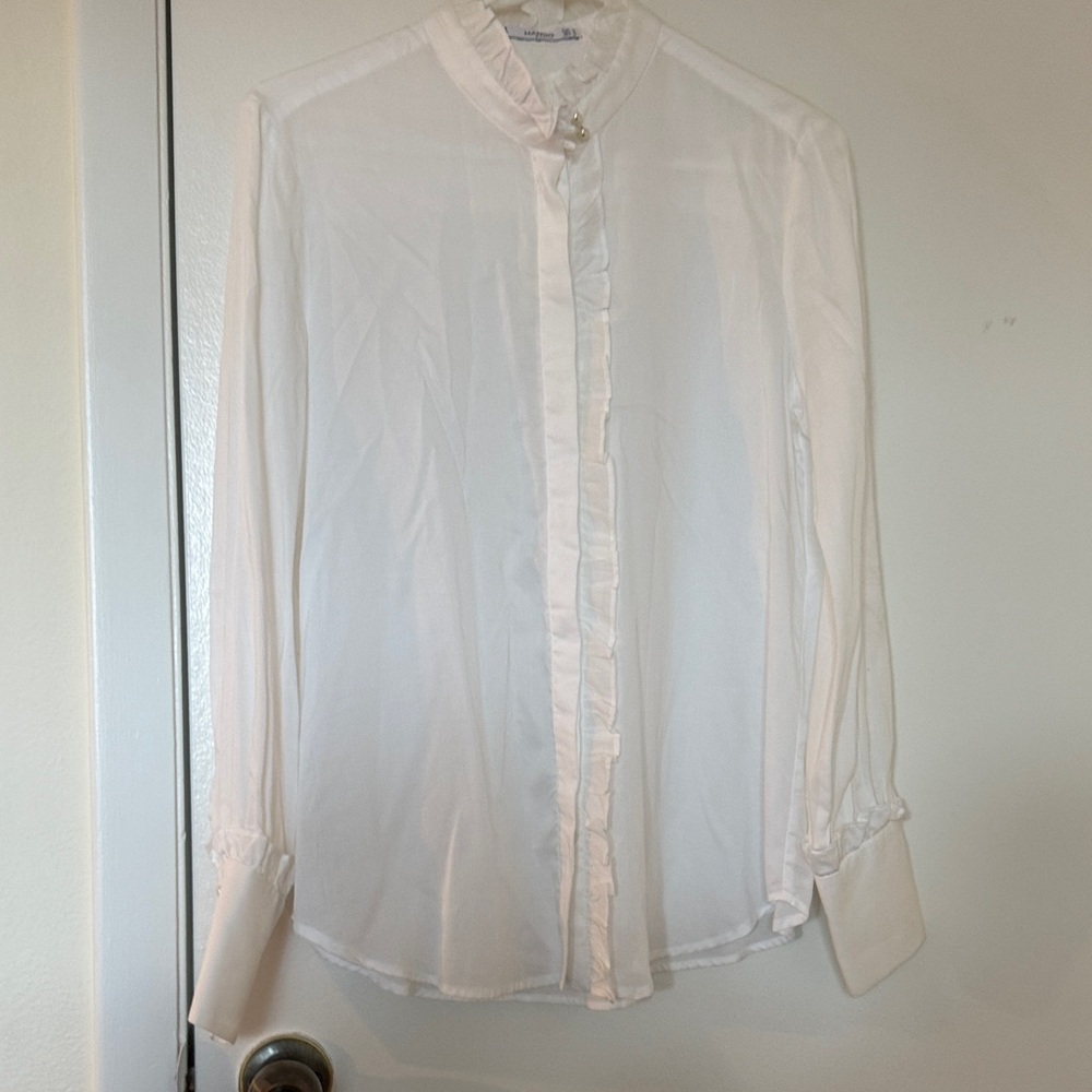 Mango White Ruffle Button-Up Blouse